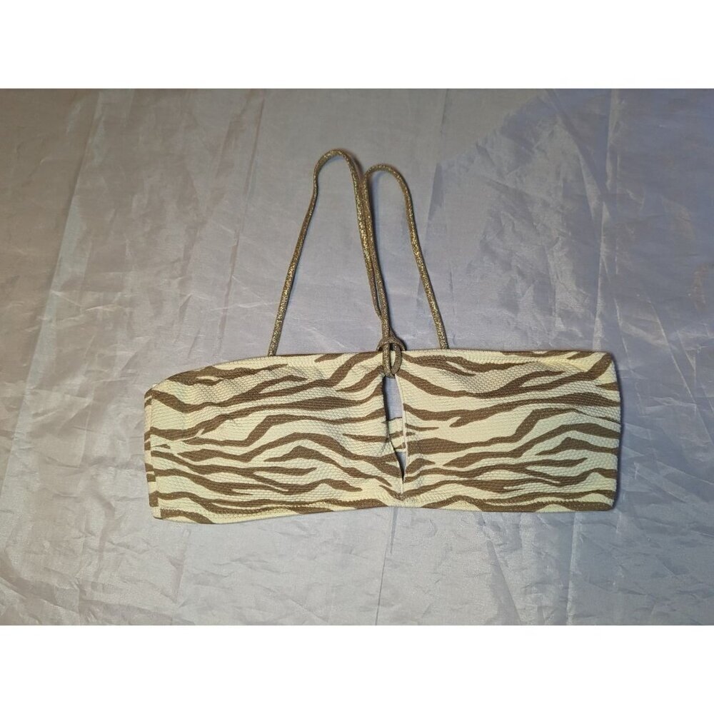 AERIE ZEBRA STRIPED BIKINI SMALL CREAM BROWN TAN BANDEAU KEYHOLE GOLDEN HALTER